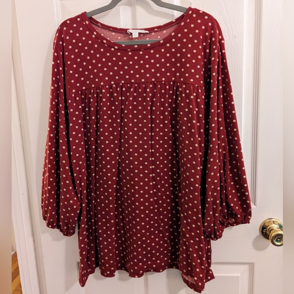 Suzanne Betro dark red polka dot top, size 2X